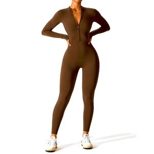 Chocolate Brown Jumpsuit Very thick and stretchy material Mock neck with zipper